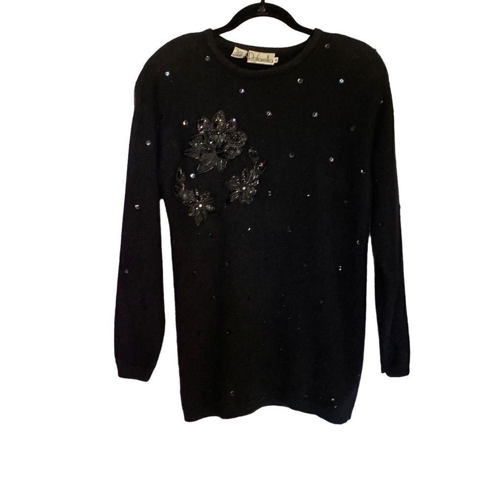Rafaela Sweater‎ Tunic Angora Lambswool Women's Small Black Beaded 80's Vintage